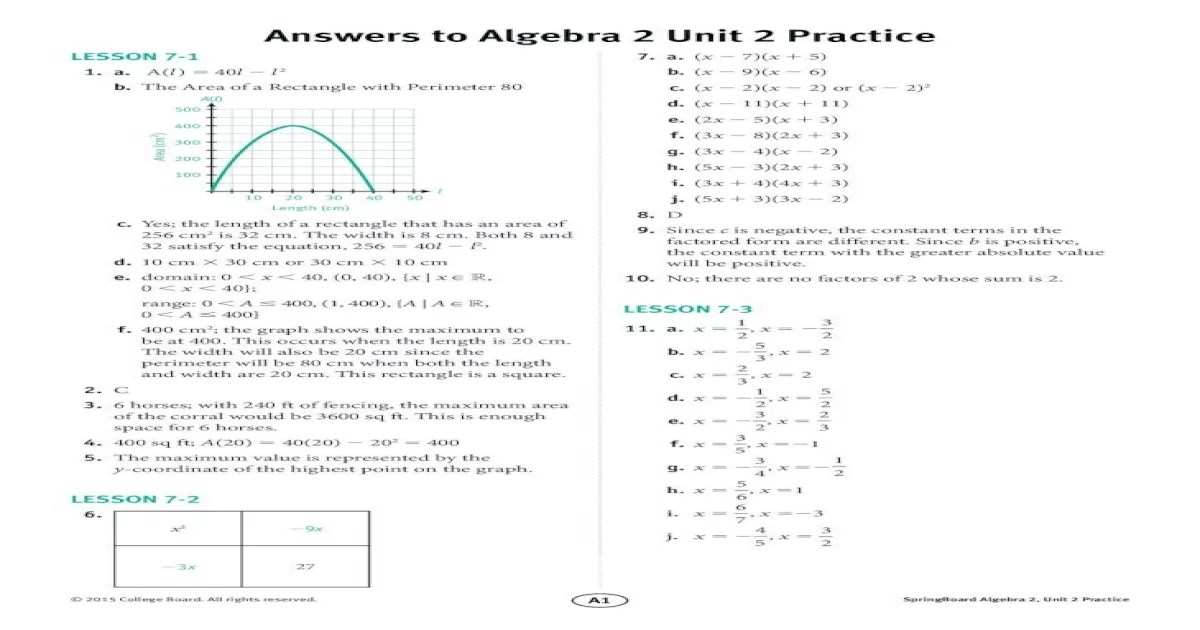 Springboard mathematics course 1 answer key pdf