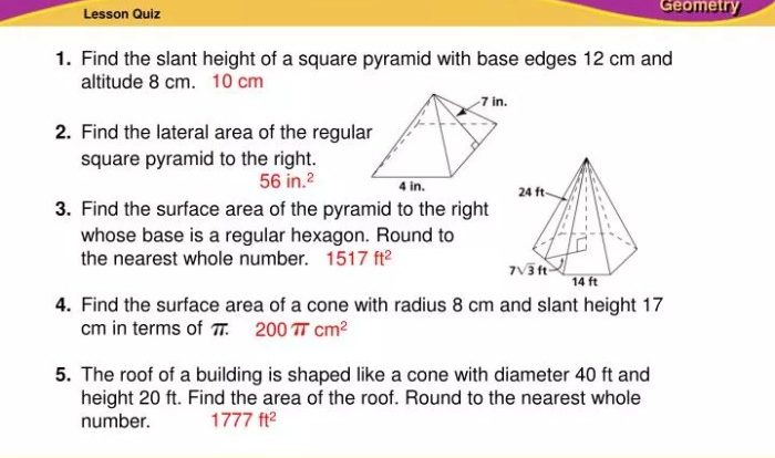 Surface areas of pyramids and cones practice