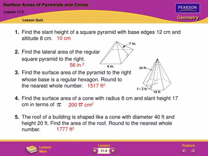 Surface areas of pyramids and cones practice